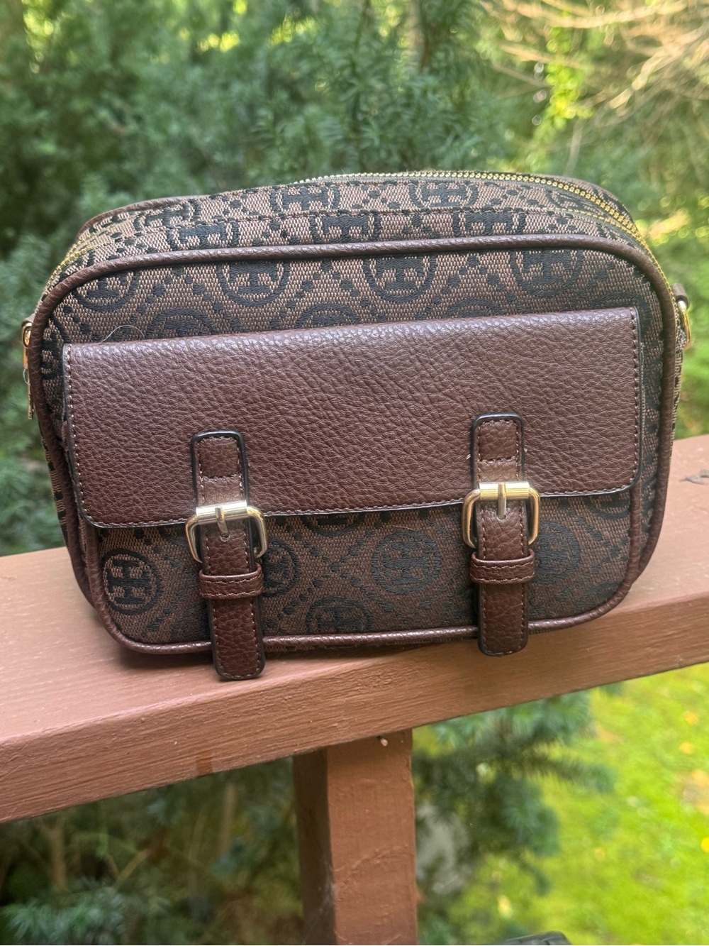 Brown Crossbody Bag with repeated pattern Buckle Detail-NWOT